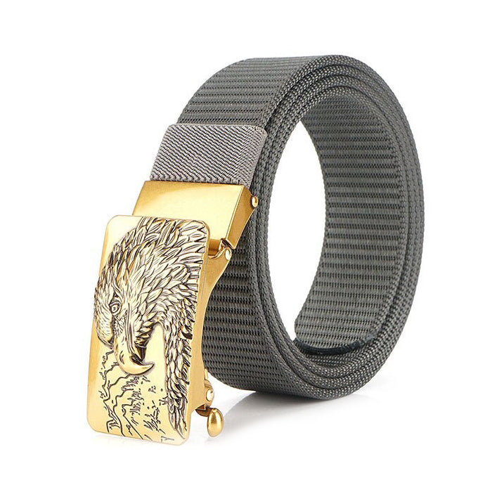 Male tactical military canvas belt with eagle buckle, perfect for outdoor and army wear.