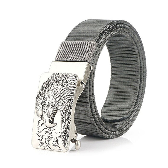 Male tactical military canvas belt with eagle design buckle, ideal for outdoor activities and military pants.