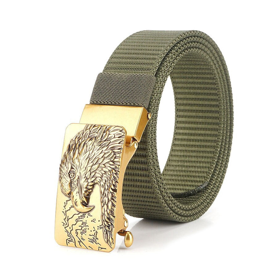 Male tactical military canvas belt with eagle buckle, ideal for outdoor and army wear.