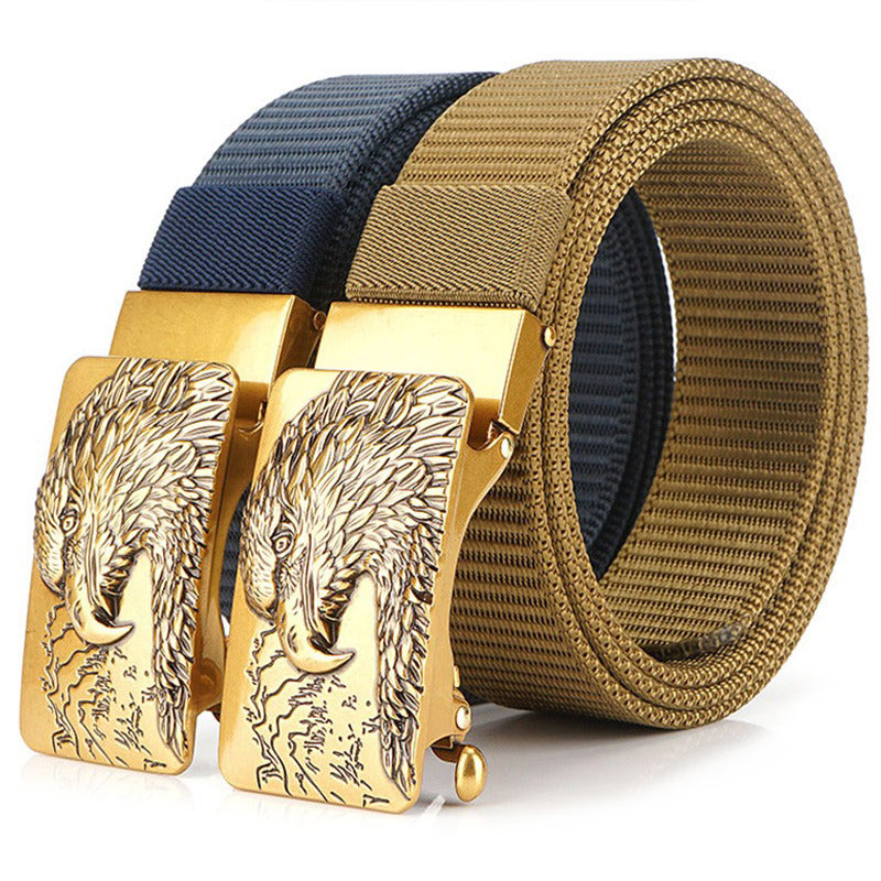 Blue and tan tactical military canvas belts with eagle design buckles for outdoor activities.