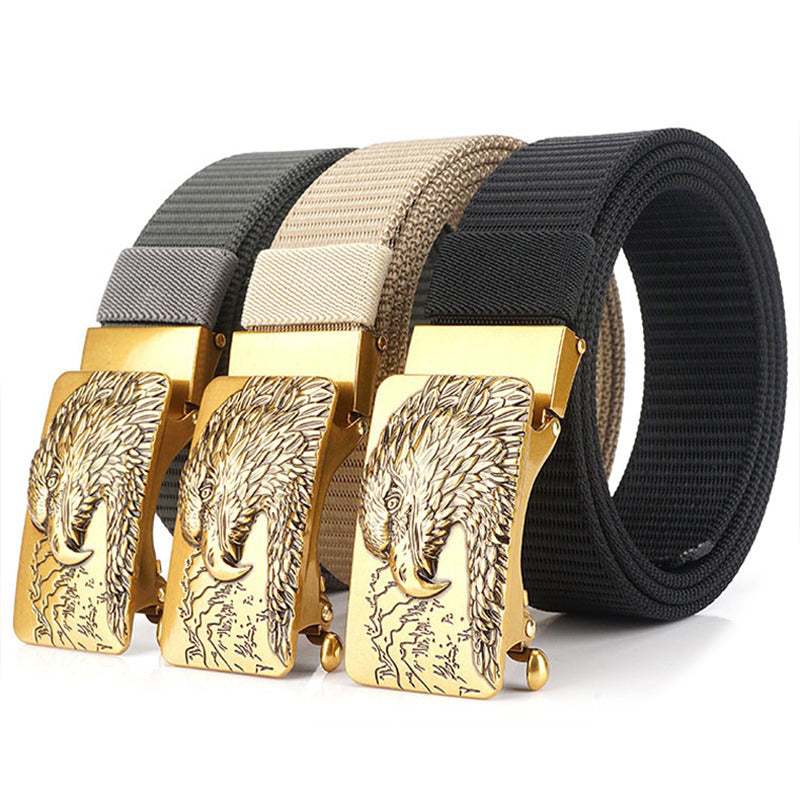 Male tactical military canvas belts with eagle buckles in gray, beige, and black.