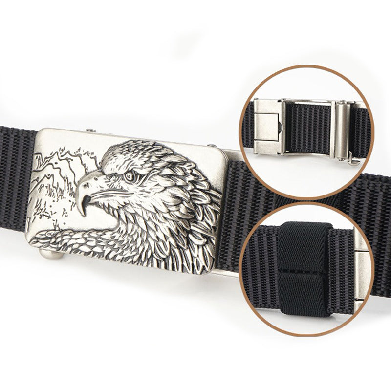 Male tactical military canvas belt showcasing eagle buckle design, perfect for outdoor and army wear.