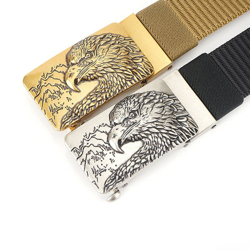 Male tactical military canvas belts with eagle buckles in gold and silver finishes, perfect for outdoor activities.