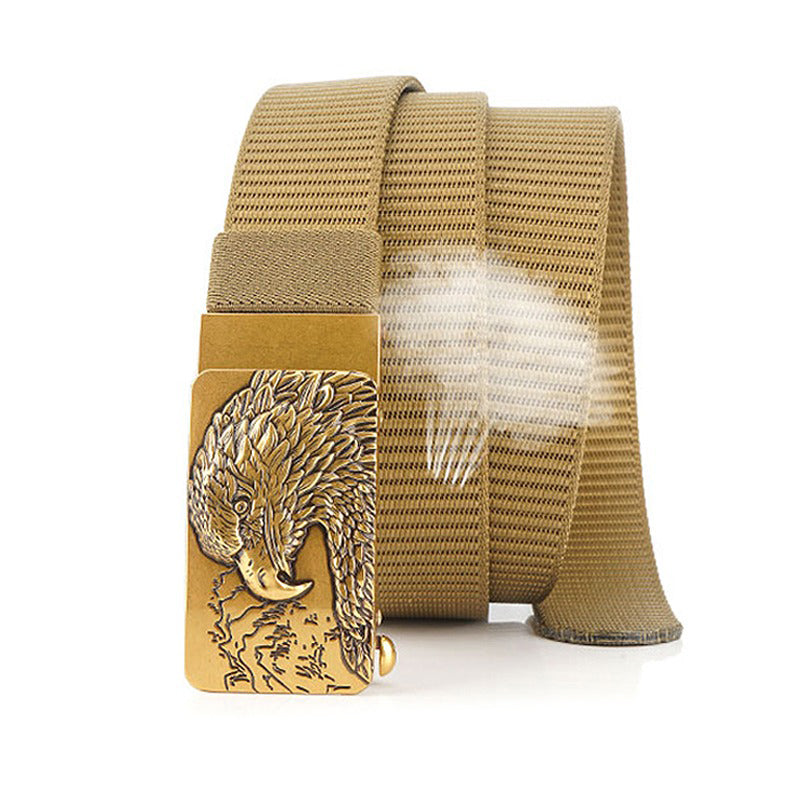 Male tactical military canvas belt with eagle buckle, ideal for outdoor and army wear, measuring 125cm in length.