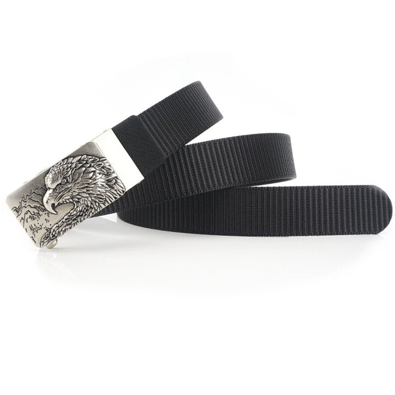 Male tactical military canvas belt with eagle metal buckle, perfect for outdoor and army wear.