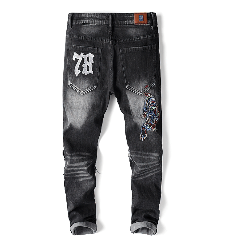 Male Tiger Embroidered Skin Jeans / Rock Punk Style Denim Pants with Patches