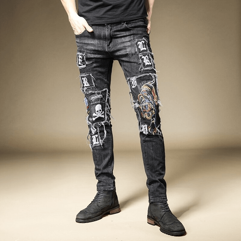 Male Tiger Embroidered Skin Jeans / Rock Punk Style Denim Pants with Patches