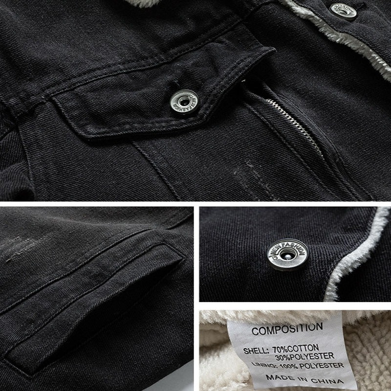 Close-up of male vintage winter denim jacket showcasing turn-down collar, pocket details, and fabric composition label.