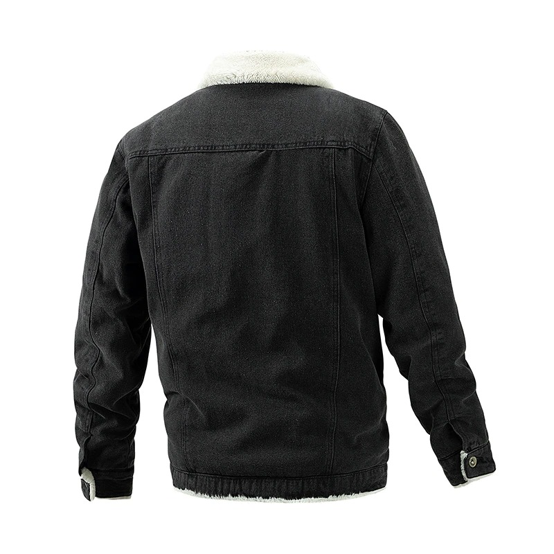 Back view of a male vintage winter denim jacket with turn-down collar and soft lining, perfect for cold weather.