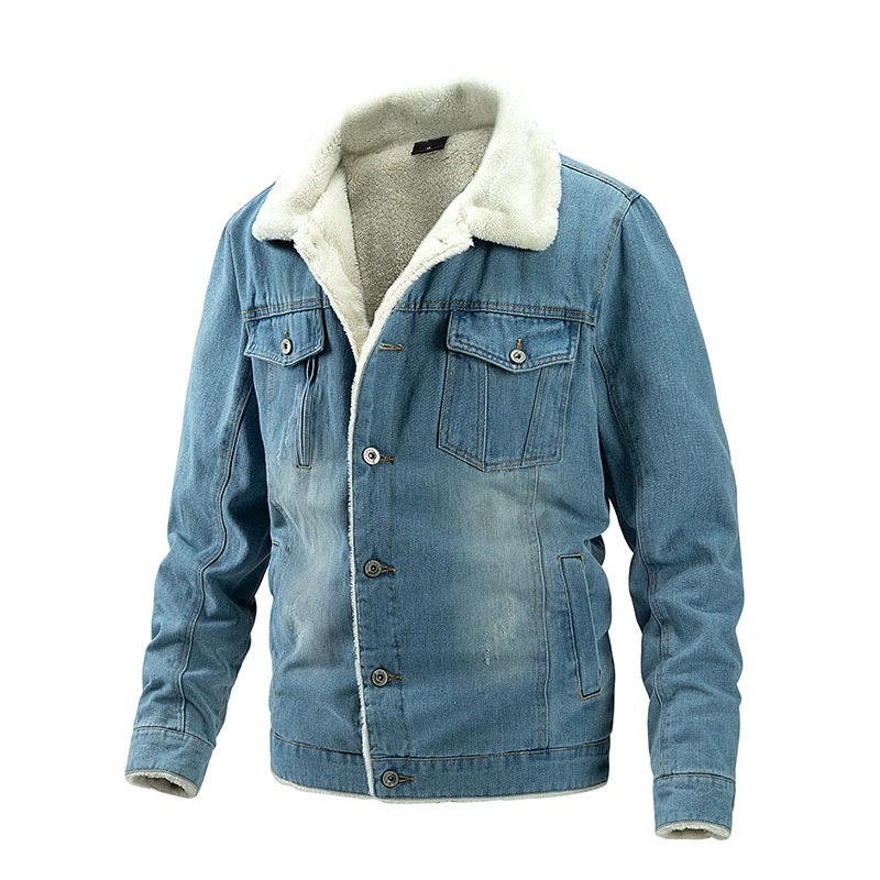 Male vintage winter denim jacket with turn-down collar and pockets, perfect for chilly days and aesthetic style lovers.