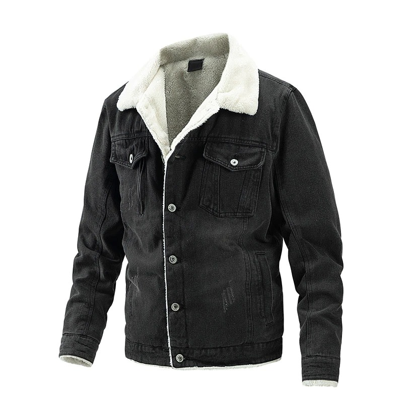 Male vintage winter denim jacket with turn-down collar and pockets, perfect for cold weather and a stylish aesthetic.