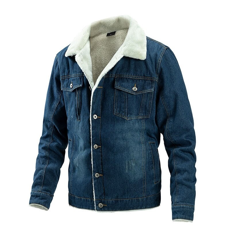 Male vintage denim winter jacket with turn-down collar and multiple pockets for a stylish winter look.