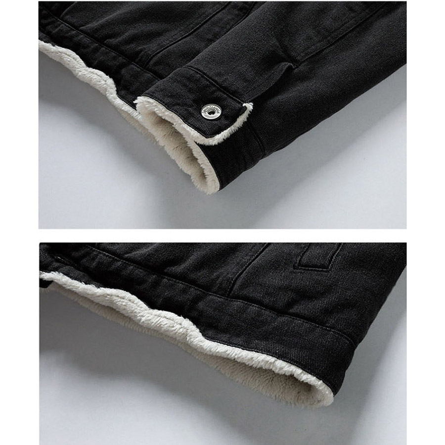 Close-up of the vintage denim jacket’s turn-down collar and soft lining, perfect for winter warmth and style.