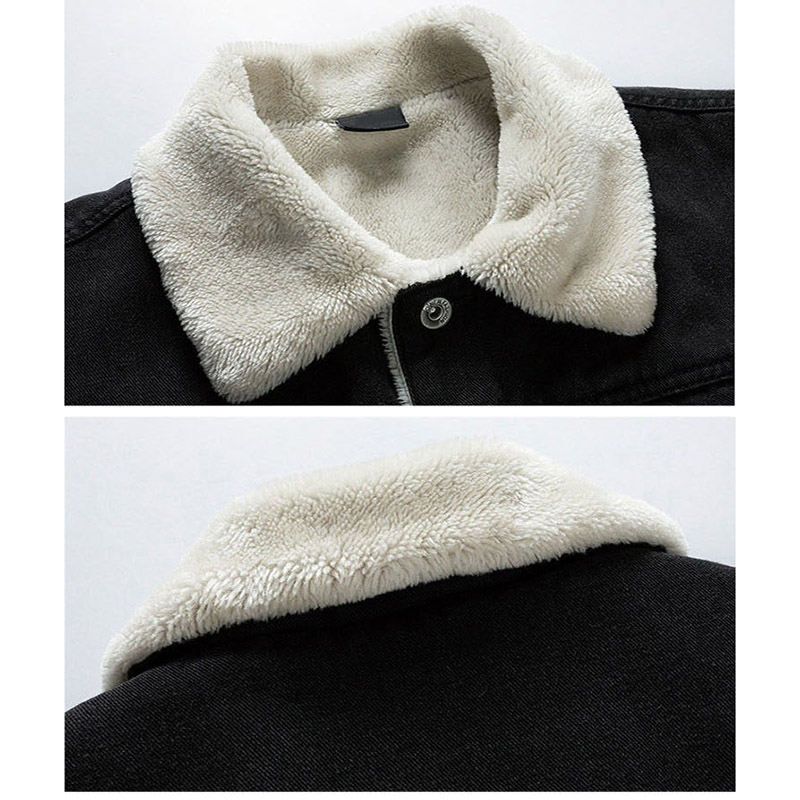 Close-up of the soft, fur-lined collar of a male vintage winter denim jacket, showcasing warmth and comfort.