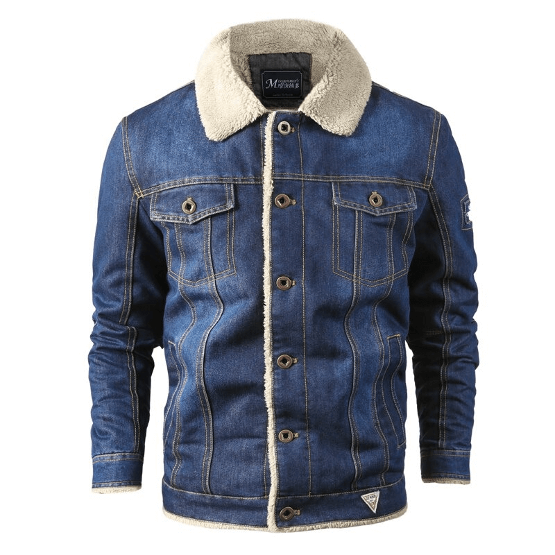 Stylish male warm denim jacket with buttons and fleece collar, featuring a loose fit and multiple pockets for a casual look.