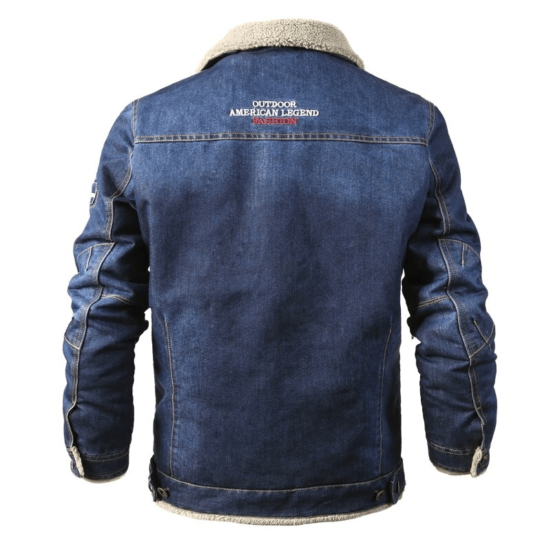 Men's warm denim jacket with shearling collar and embroidered logo, showcasing a stylish loose fit and multiple pockets.