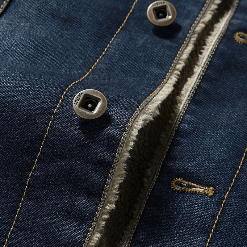 Close-up of a male denim jacket showing buttons and soft lining, highlighting its multi-pocket design and fabric quality.