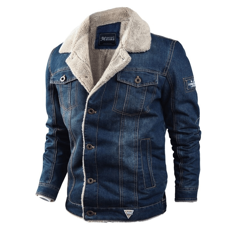 Stylish men's warm denim jacket featuring a plush collar and multiple pockets, perfect for casual outings.