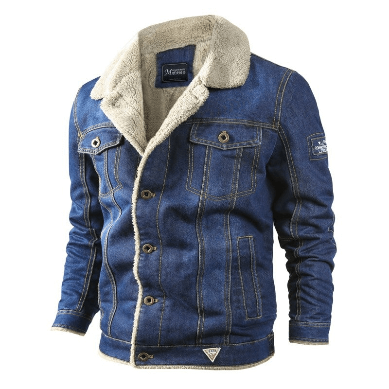 Warm denim jacket for men with buttons and multi-pockets, perfect for casual style and comfort.