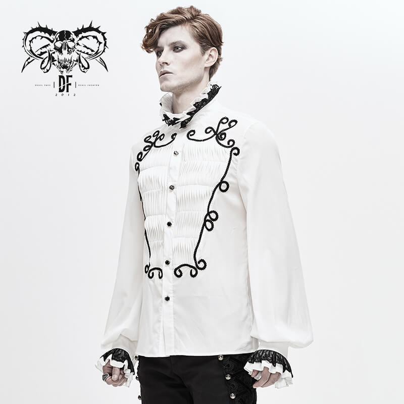 Male White Long Sleeve Shirt in Gothic Style / Vintage Men's Shirt with Lace on Collar and Cuffs - HARD'N'HEAVY