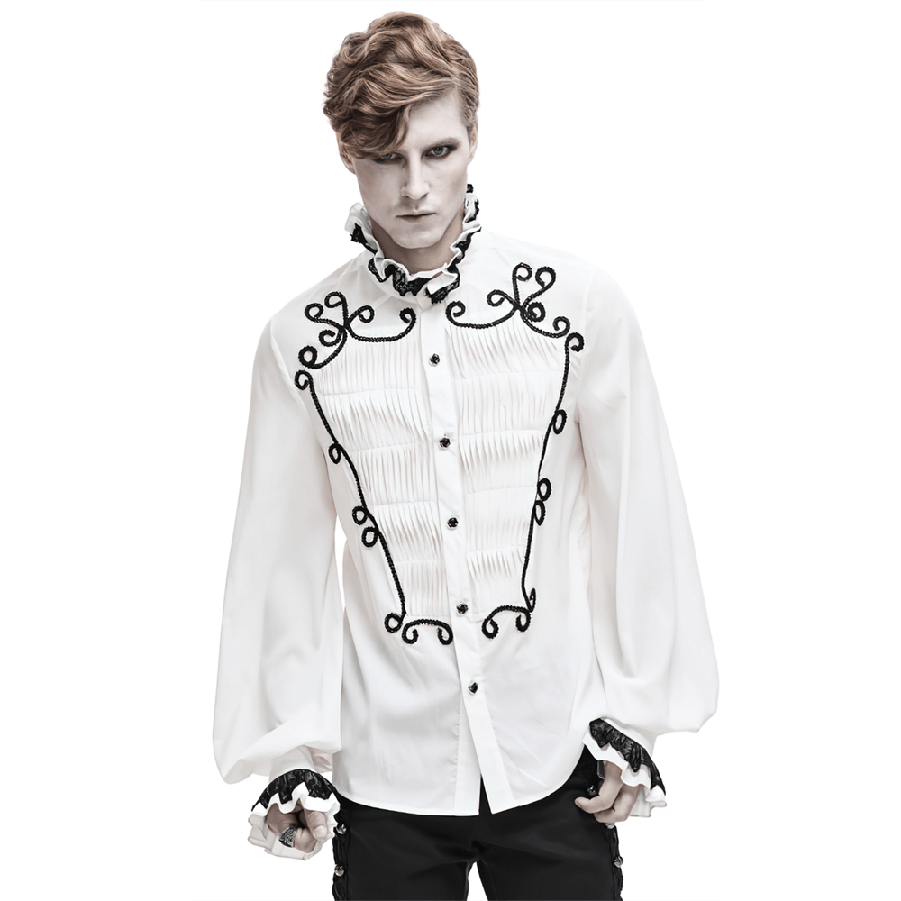 Male White Long Sleeve Shirt in Gothic Style / Vintage Men's Shirt with Lace on Collar and Cuffs - HARD'N'HEAVY