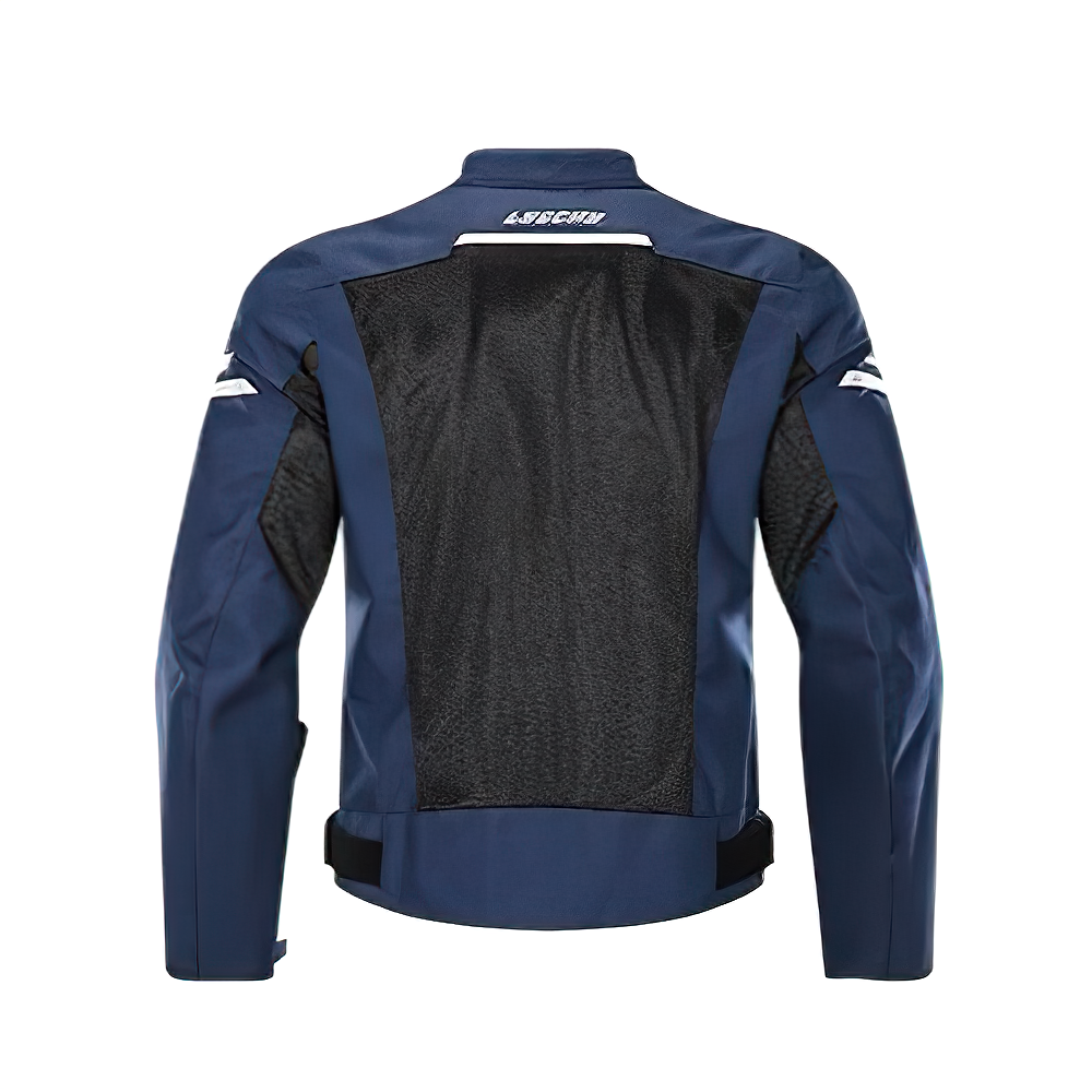 Back view of male windproof motorcycle jacket with UV protection and shockproof features in blue.