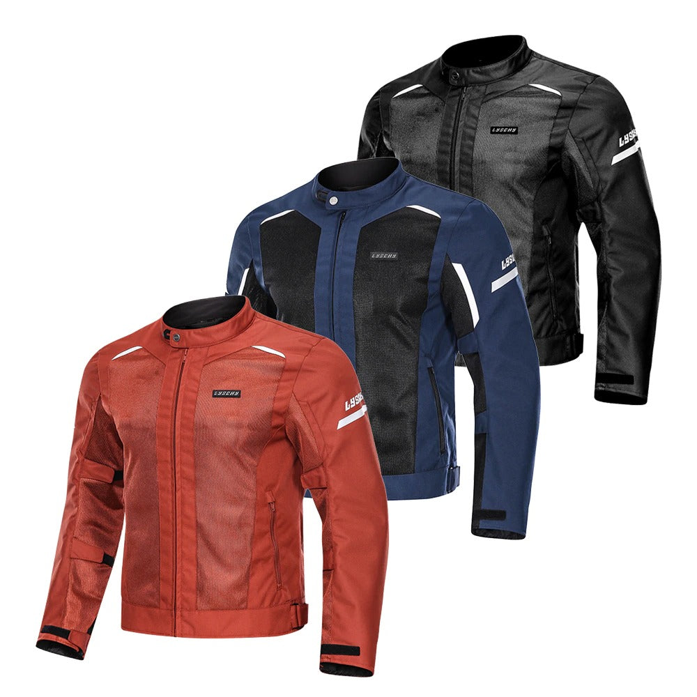 Stylish male windproof motorcycle jackets in red, blue, and black with UV protection and shockproof features.