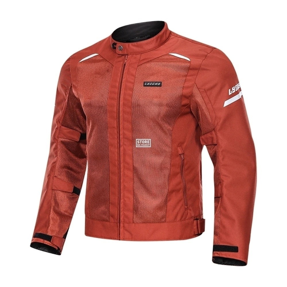 Stylish male windproof motorcycle jacket in red with UV protection and shockproof features.
