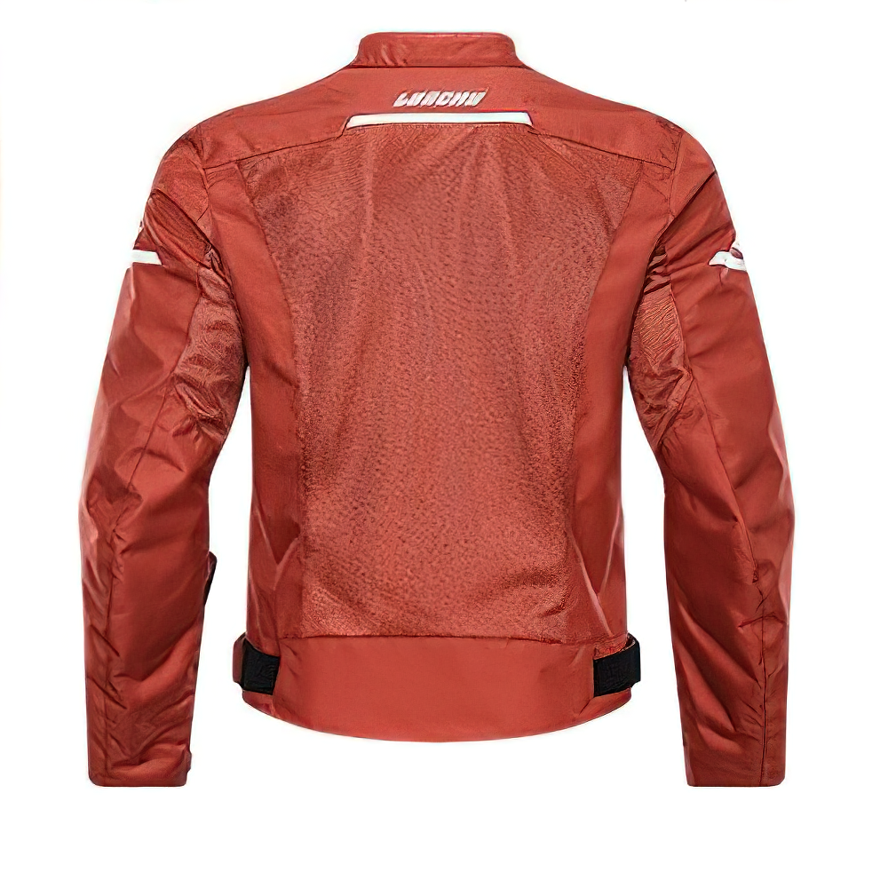 Men's windproof motorcycle jacket in red with UV protection and shockproof features, designed for comfort and style.