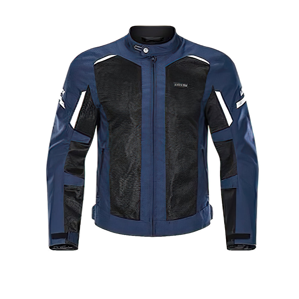 Stylish male windproof motorcycle jacket with UV protection and shockproof features, available in navy blue.