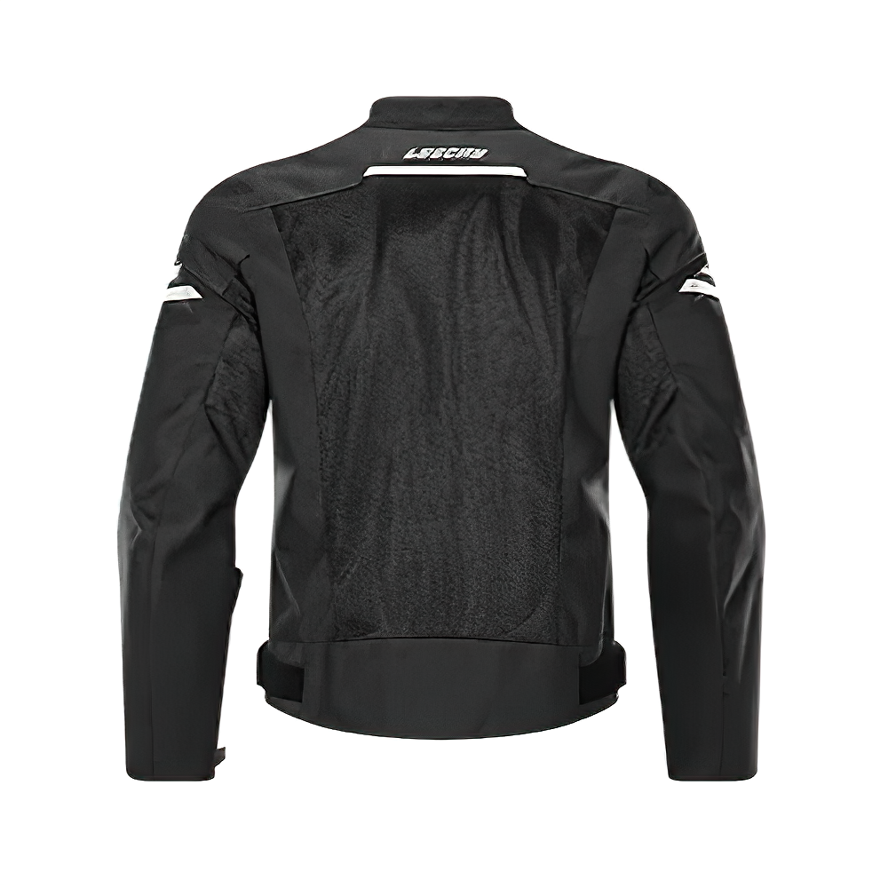 Back view of a male windproof motorcycle jacket with UV protection in black, showcasing its modern design.