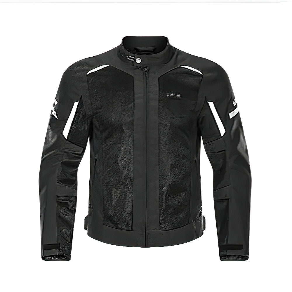 Men's windproof motorcycle jacket with UV protection and shockproof design in sleek black.