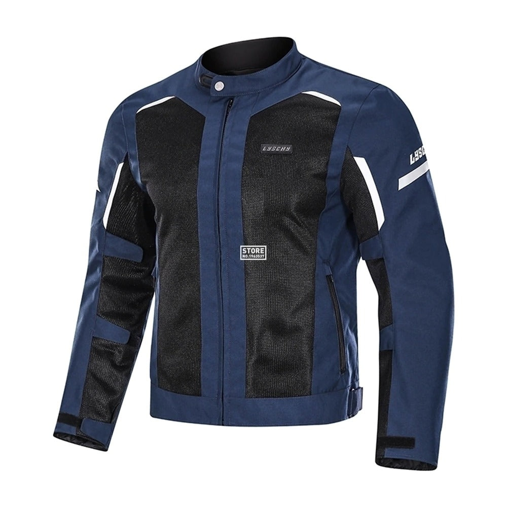 Men's windproof motorcycle jacket in stylish navy color with UV protection and shockproof features.