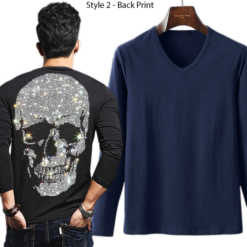Men's rock style skeleton sweatshirt with rhinestones, casual longsleeve featuring skull print and stylish v-neck design.