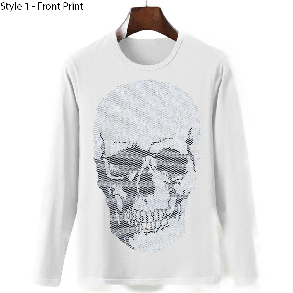 Men's white longsleeve sweatshirt with rhinestone skull print, perfect for a casual rock style look.