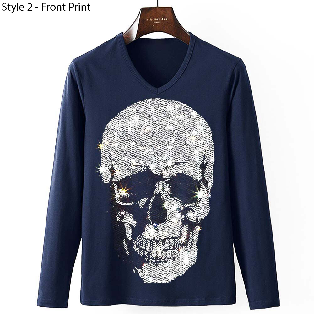 Men's long sleeve navy sweatshirt with rhinestone skull print, perfect for casual creative style.