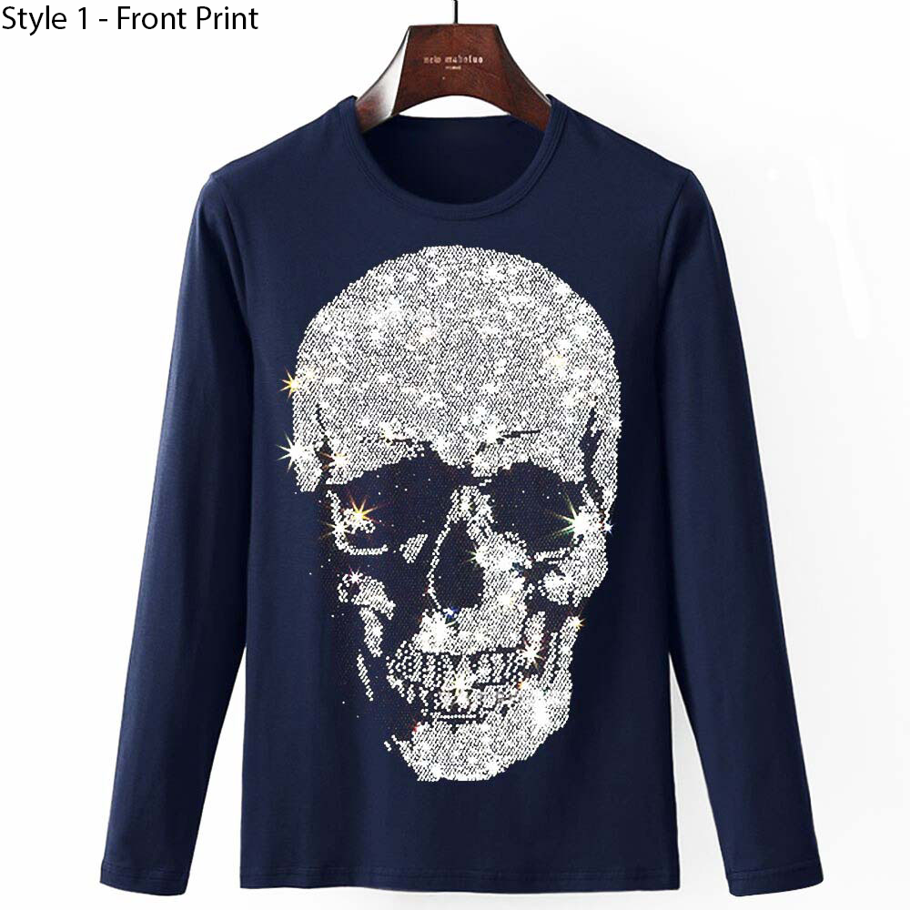 Men's long sleeve sweatshirt in navy blue with rhinestone skull print, perfect for a casual rock style look.