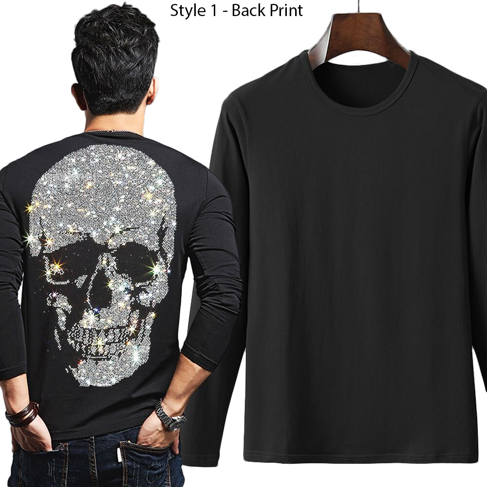 Men's black long sleeve sweatshirt featuring a sequin skull print on the back for a casual rock style.