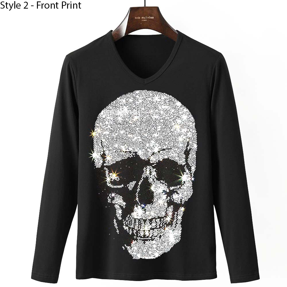 Men's black sweatshirt featuring a sparkling rhinestone skull design for a casual rock style look.
