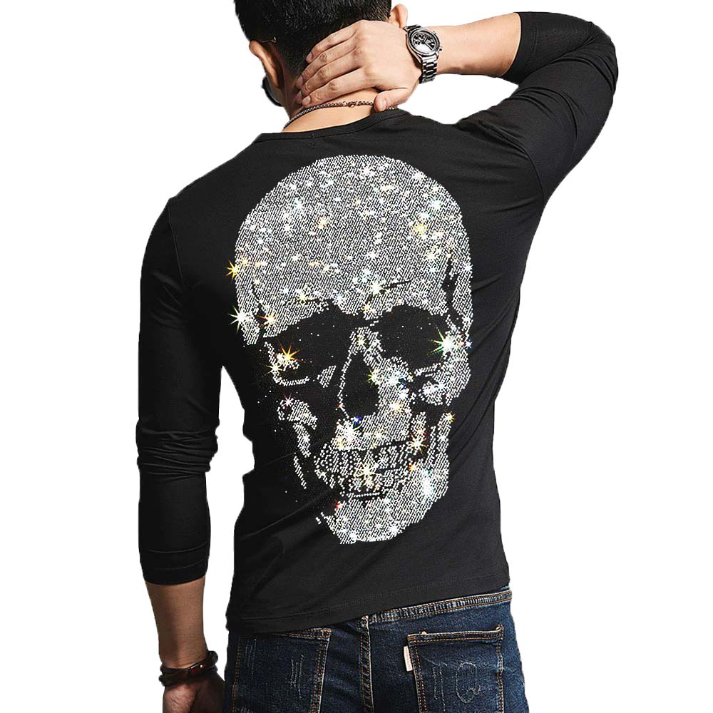 Stylish men's black longsleeve sweatshirt with rhinestone skull print on the back, perfect for casual rock style outfits.