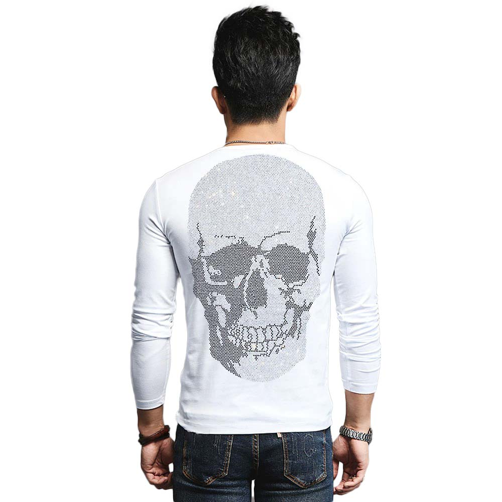 Men's long sleeve white sweatshirt featuring a sparkling skull print on the back for a stylish rock vibe.