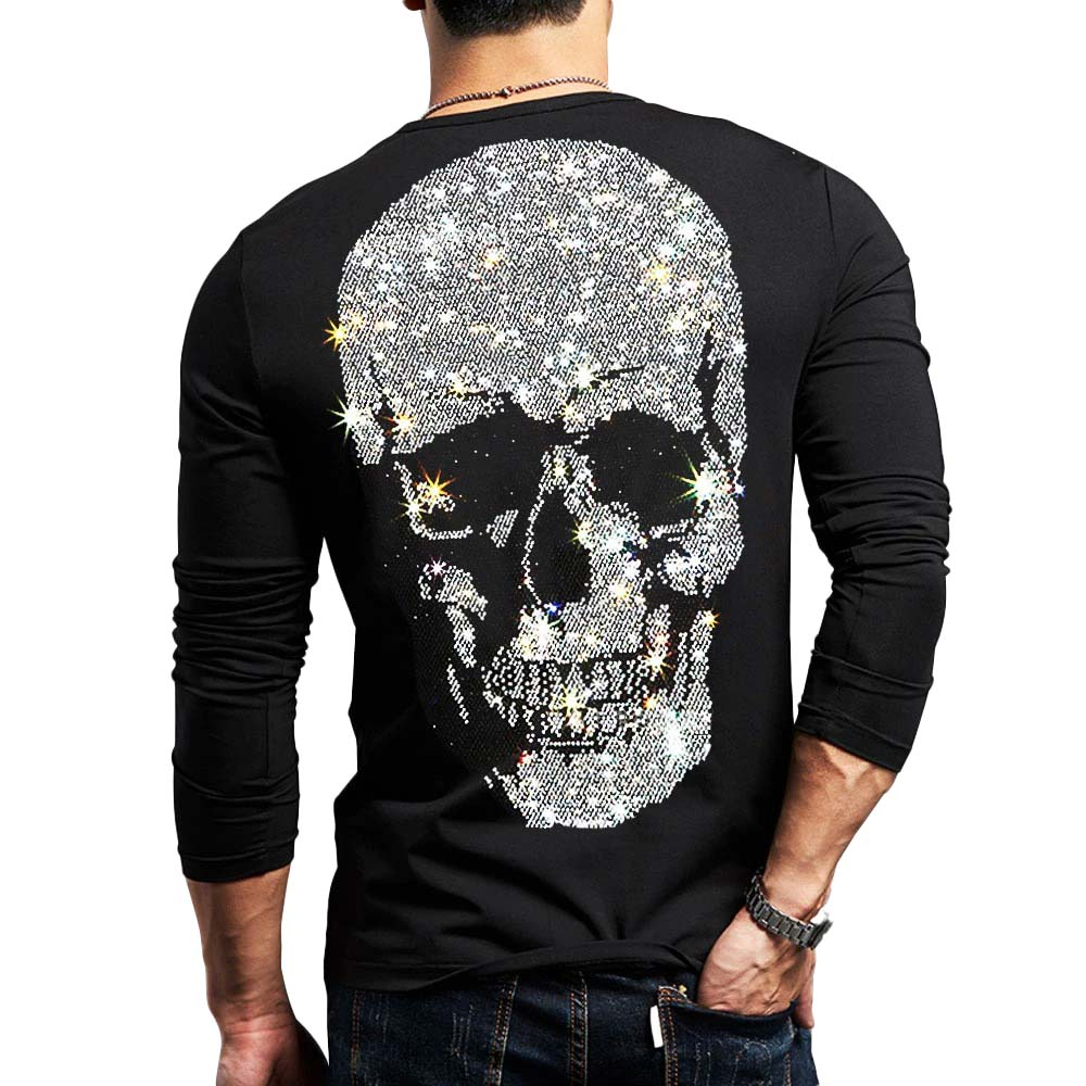 Men's black long sleeve sweatshirt with sparkling rhinestone skull print on back, stylish and casual.