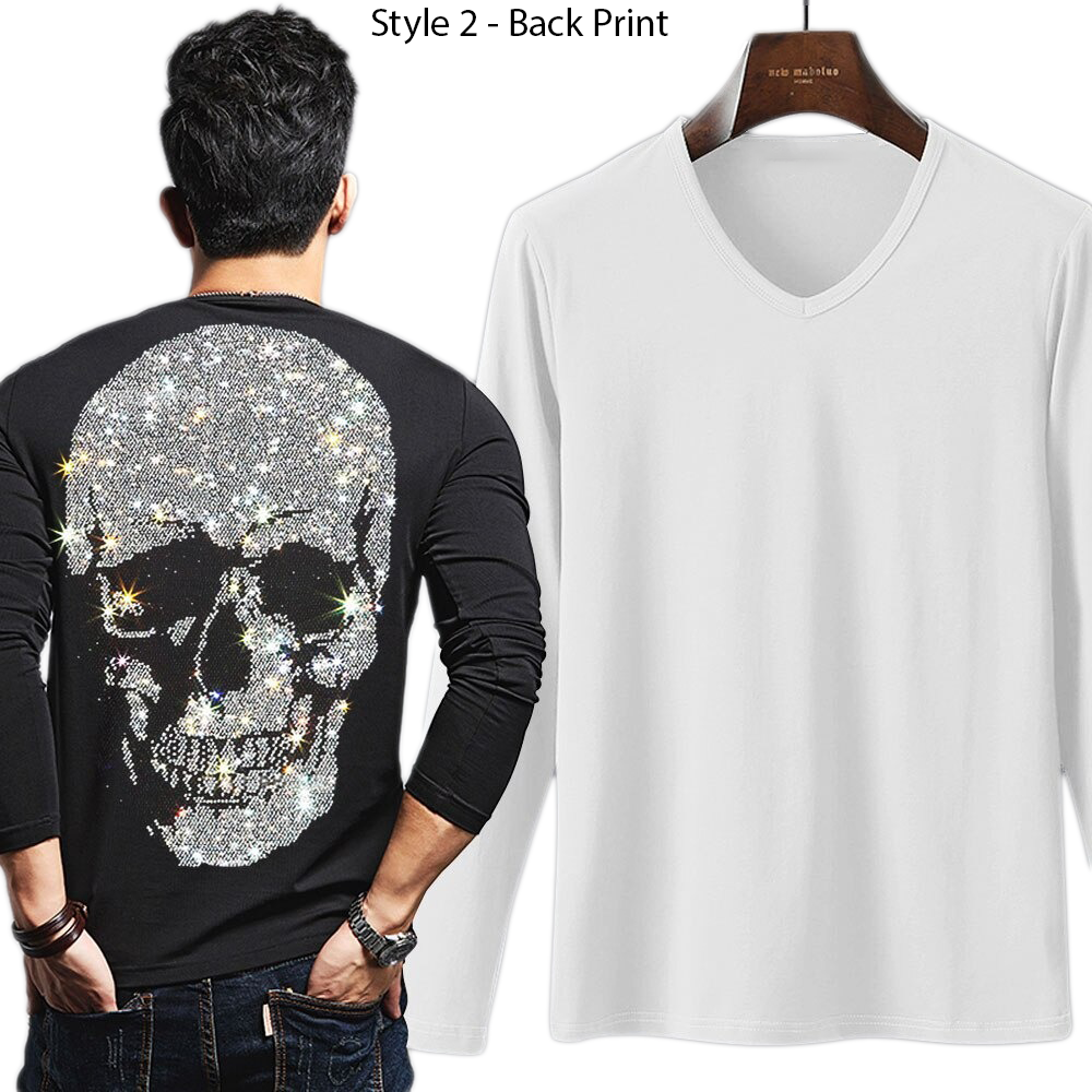 Men's rock style longsleeve sweatshirt with rhinestone skull print, casual trendy look for creative fashion enthusiasts.