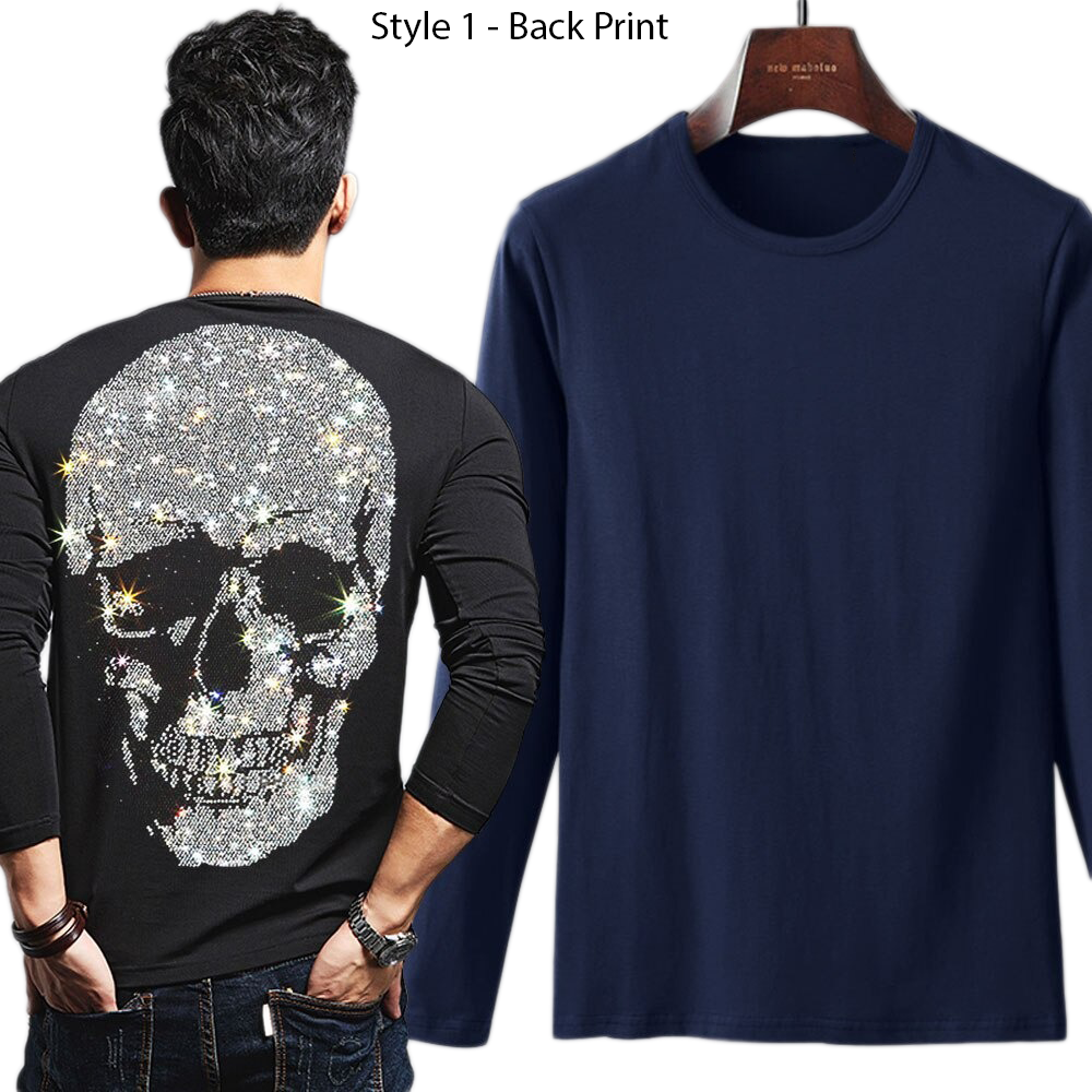 Men's long sleeve skeleton sweatshirt with rhinestone skull print, stylish and casual wear for men.