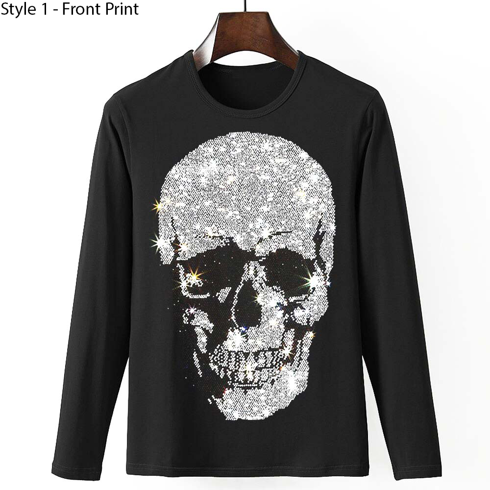 Men's black longsleeve sweatshirt with shiny rhinestone skull print for a trendy rock style look.