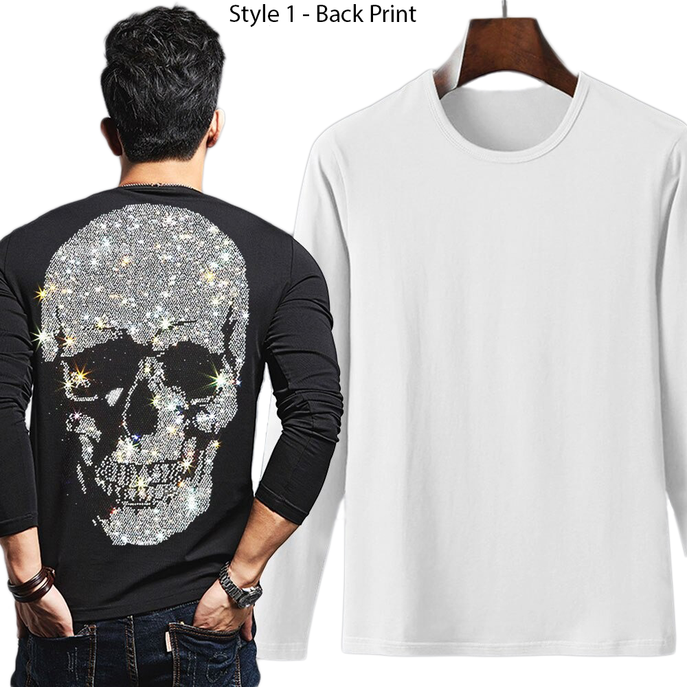 Men's black longsleeve sweatshirt with rhinestone skull print and white featured shirt.