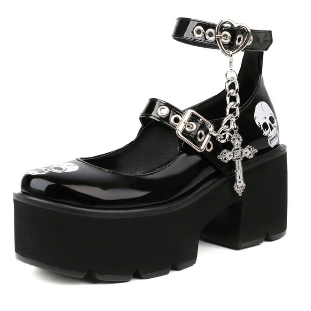 Mary Janes Women's Block Platform Pumps with Skull Print / Fashion Goth Shoes with Buckle Chain - HARD'N'HEAVY