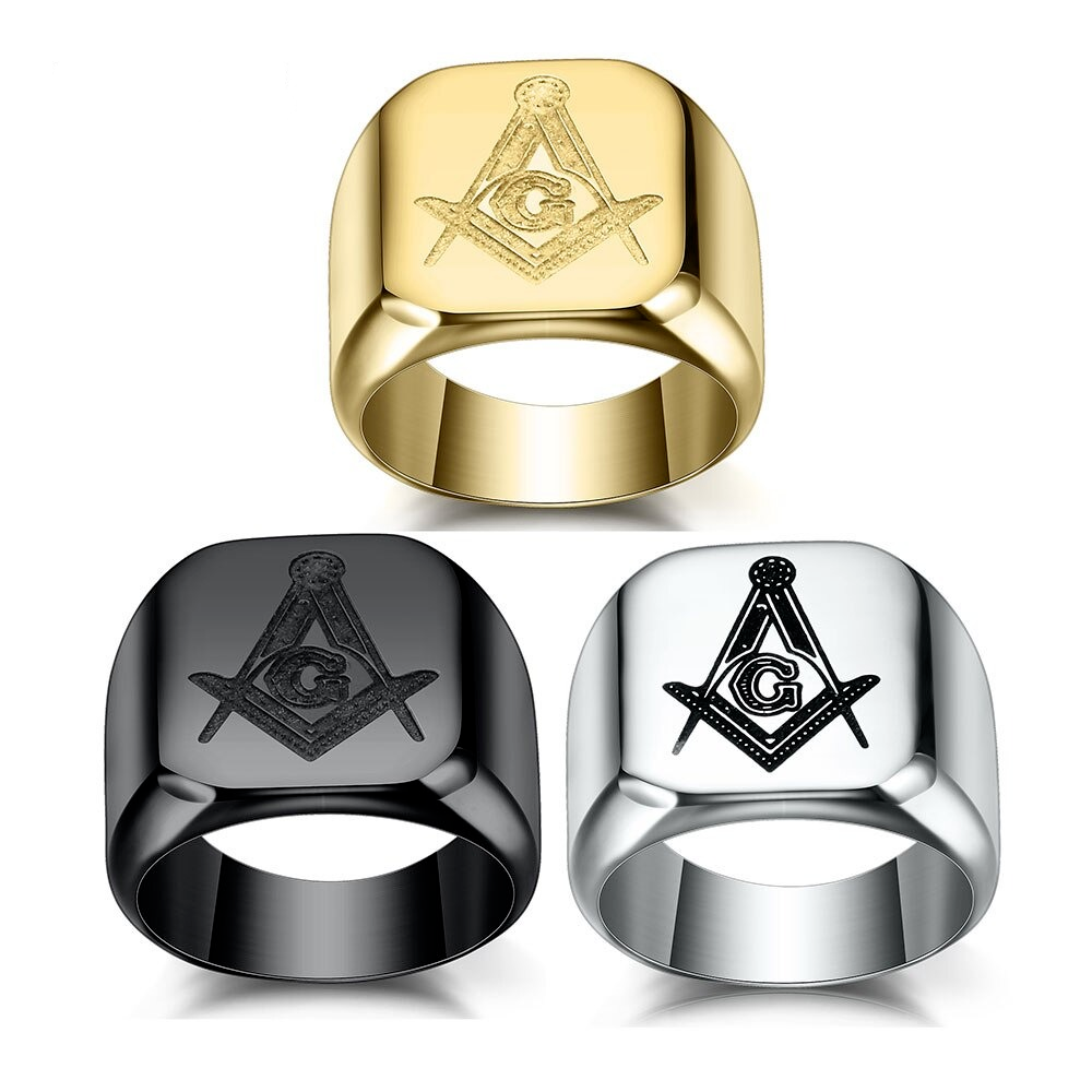 Masonic rings in gold, black, and silver, featuring unique geometric designs, unisex punk style jewelry.