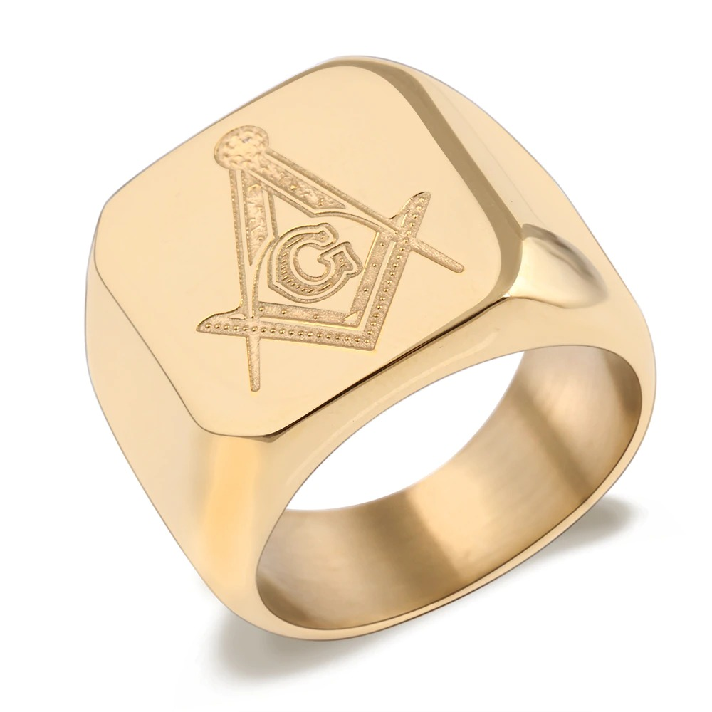 Stylish gold Masonic signet ring showcasing geometric design, perfect for both men and women with punk style.