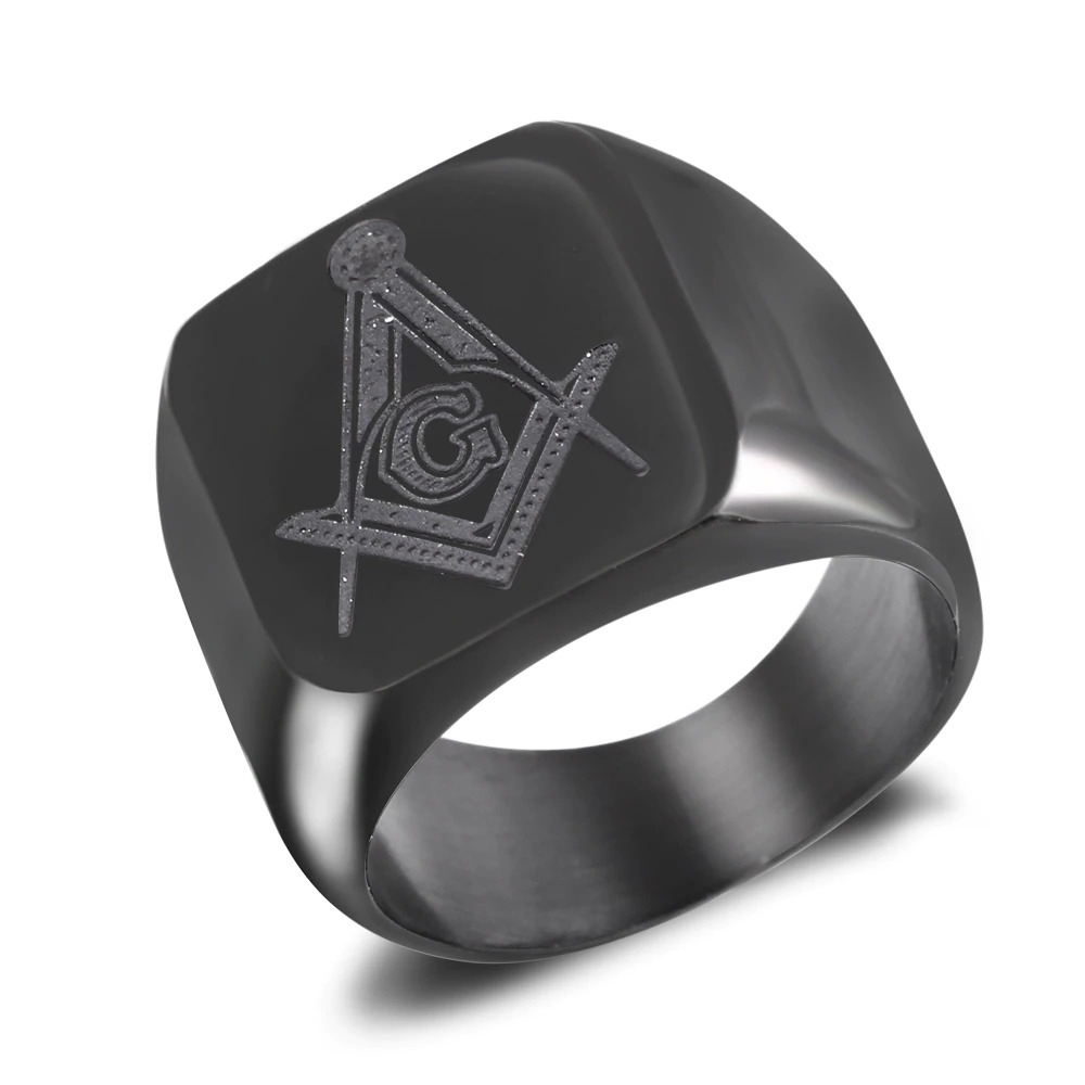 Unisex stainless steel Masonic signet ring in punk style, featuring a unique geometric design and emblem.